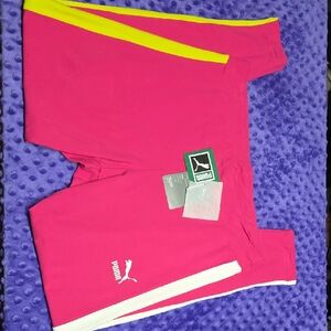 Puma Fuchsia Shorts with Yellow and White Stripes